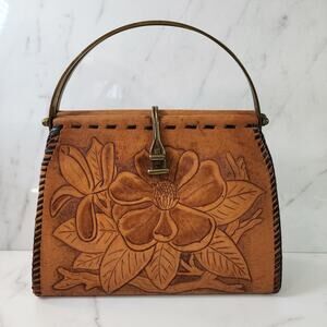 Vintage Tooled Leather Floral Handbag Artisan Western Purse